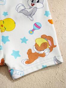 LOONEY TUNES X SHEIN Baby Girl Summer Cute Cartoon Star Print Contrast Color Short Sleeve Button-Up Romper - Blue - View 3