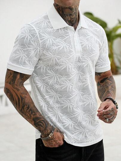 Manfinity CasualCool Men's Vacation Casual Botanical Jacquard Polo Shirt