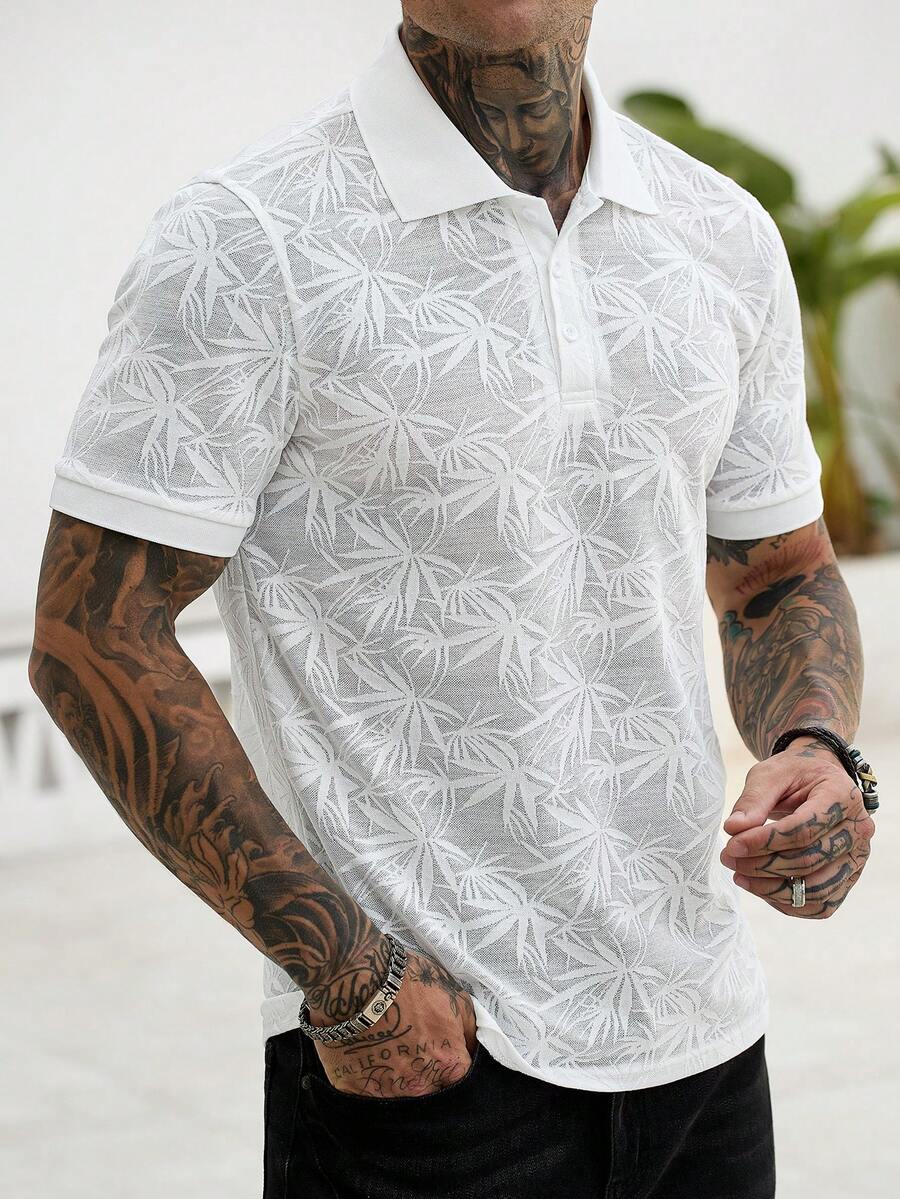 Manfinity CasualCool Áo Polo nam họa tiết thực vật dệt jacquard, phong cách thường ngày, thích hợp cho kỳ nghỉ - trắng - Xem 1