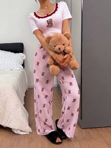 Napfluff 可爱小熊蕾丝装饰修身上衣和宽松舒适裤子女士睡衣套装 - 粉色 - 查看 5