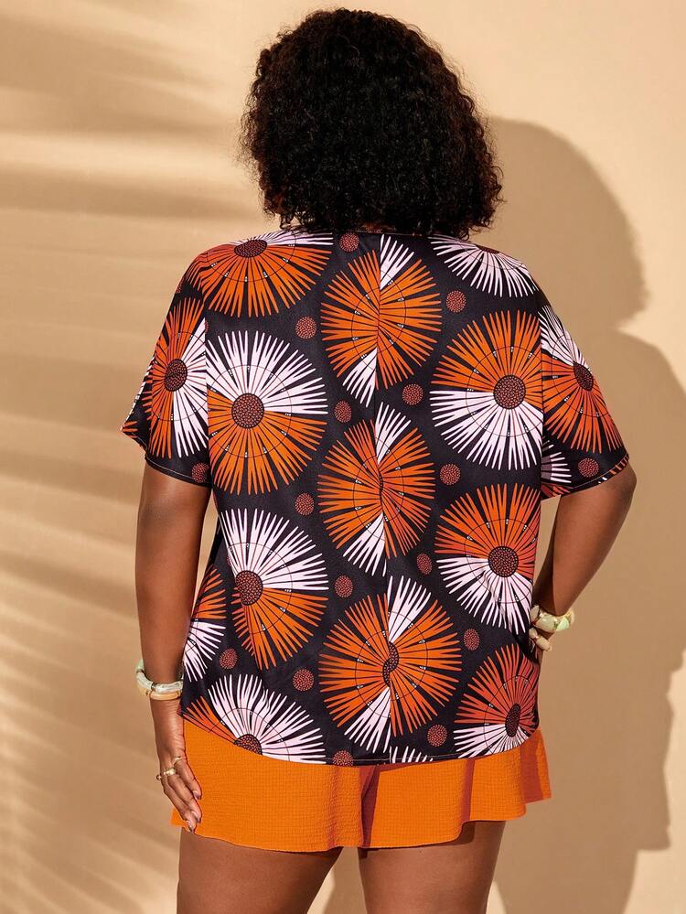 Plus Size Floral Print Top And Shorts 2-Piece Set, Casual Holiday Outfit Summer Summer Outfit For Women Festival Outfits For Women Beach Outfits For Women Vacation Outfits Women Holiday Outfits  For Women Casual Sets For Women