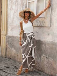 Brillora Women's Casual Tropical Vacation A-Line Camisole Top And Wrap-Style Split Hem Skirt 2-Piece Set, White, For Summer Outdoor Leisure Beach Vacation - Beige - View 5