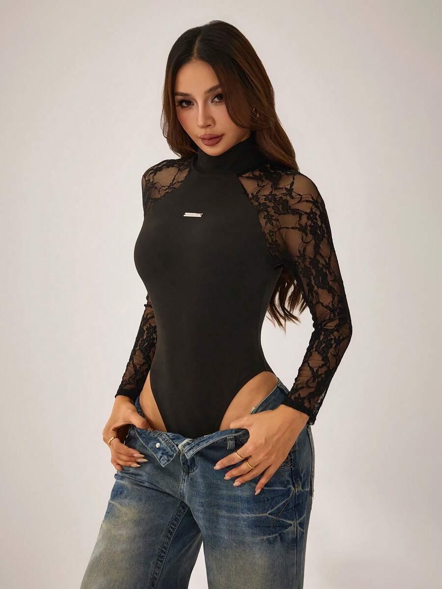 SHEIN PETITE Áo liền thân tay dài phối ren thời trang nữ - màu đen - Xem 1