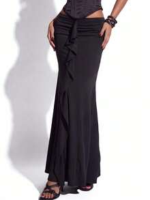Normani Women's Pastal Fishtail Skirt, Sexy Girlisim Bodycon Maxi Skirt, Sexy Mesh Ruffle Skirt, Elegant Summer Skirt,Flared Long Skirt With Ruffles Golf - Black - View 10