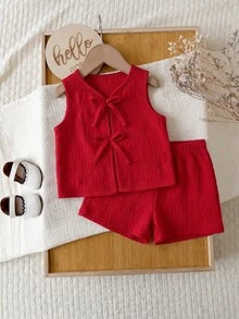 Babygirl Cute Summer Pink Striped Bow Decor Camisole & Elastic Waist Shorts Set - Red - View 6