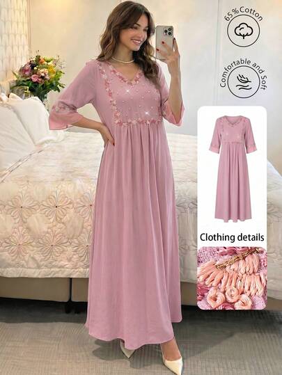 Al Najma Elegante vestido con cuello en V, con adorno floral colorido, cuentas y mangas 3/4 acampanadas, para primavera/verano