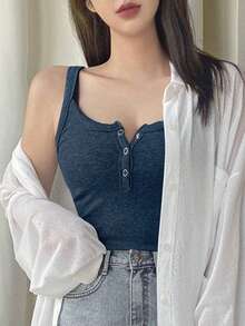 Joudiya Women's Summer Solid Color Button-Front Tank Top Preppy Tops - Navy Blue - View 4