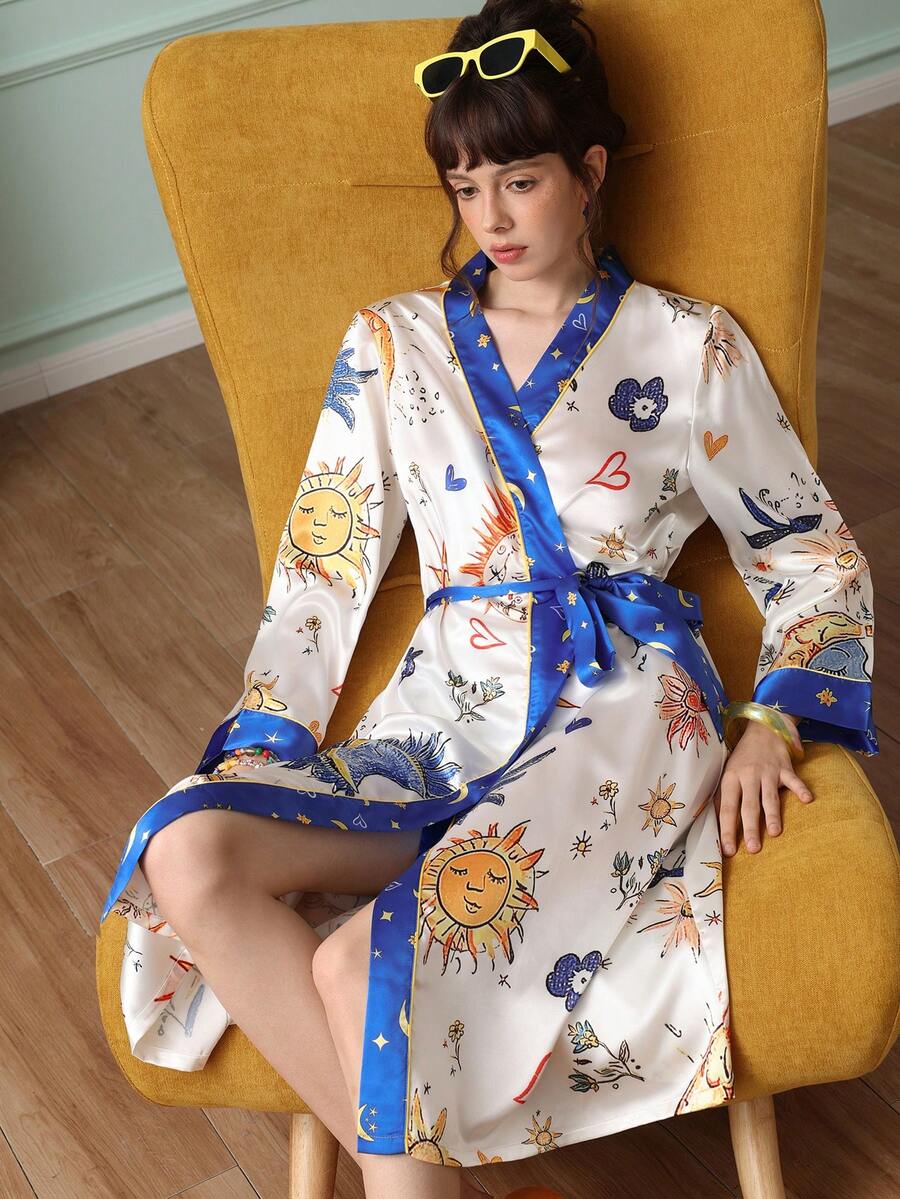Chillnights Young Colorblock Starry Sky Pattern Satin Robe For Women - Multicolor - View 1