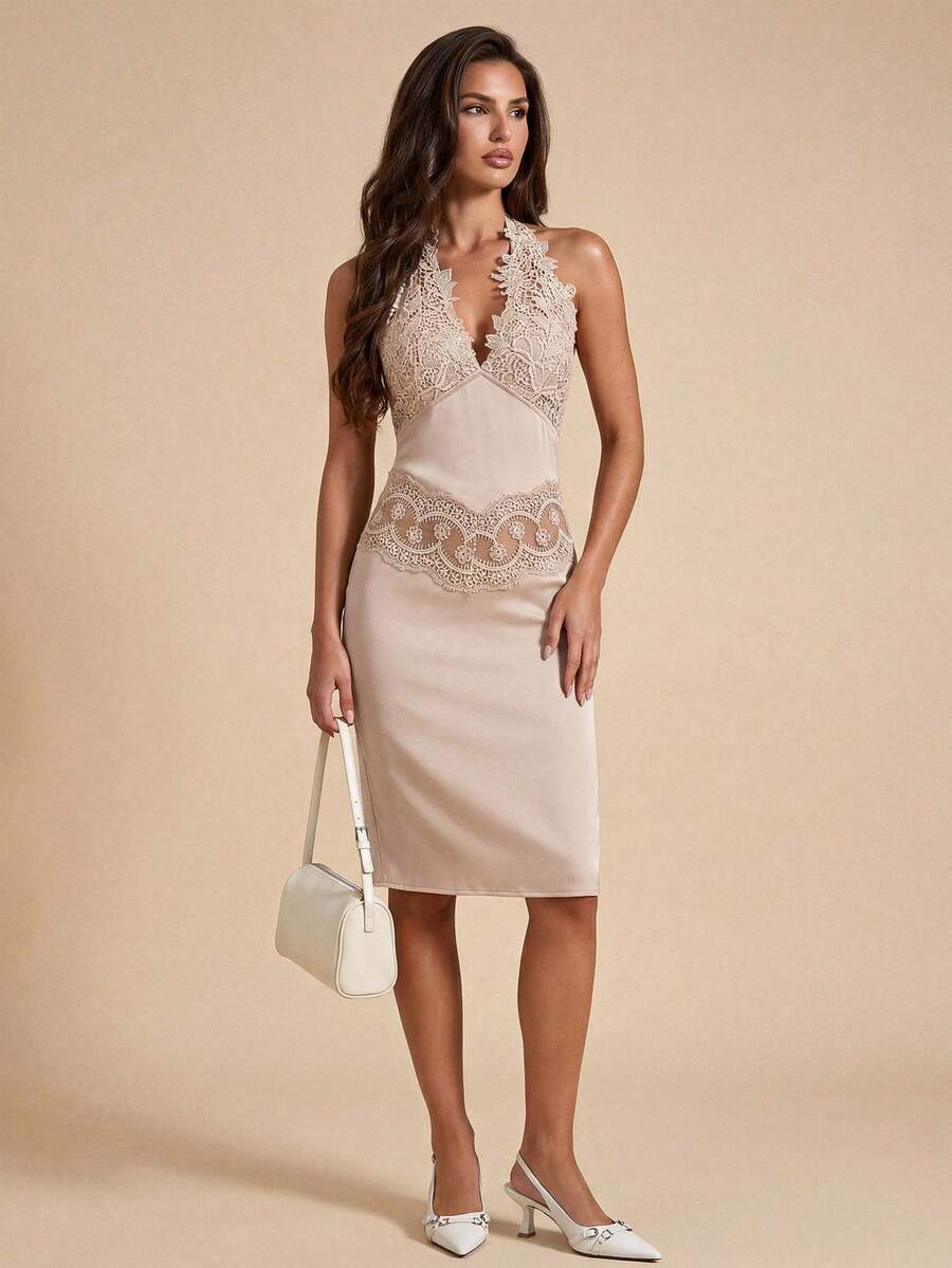 Bluhae Elegant Sexy Bodycon Halter Lace Patchwork Women's Apricot Short Party Dress For Spring/Summer - Apricot - View 1