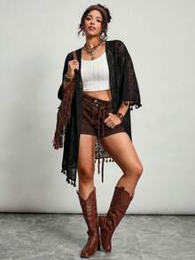 Freevana Áo kimono cỡ lớn, đồ đi biển cỡ lớn, áo khoác tay lửng cổ chữ V, áo kiểu thường ngày cho kỳ nghỉ, quần áo chống nắng, trang trí tua rua ở cổ tay và gấu áo, họa tiết ren hình học, áo khoét lỗ - màu đen - Xem 10