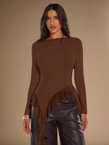 SHEIN BAE Women's Solid Color Ruffle Hem Fitted Casual Long Sleeve Top - Brown - View 7
