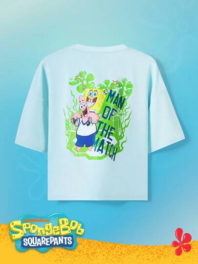 SpongeBob SquarePants | SHEIN TOKVUE Áo thun nam tay ngắn cổ tròn màu xanh nhạt, kiểu dáng thường ngày, họa tiết in, thích hợp cho mùa hè.
