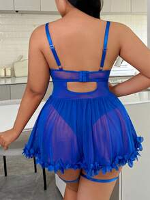 SHEIN 2pcs/Set Body Sexy de Lencería con Bordado de Malla Talla Grande - azul real - Ver 2