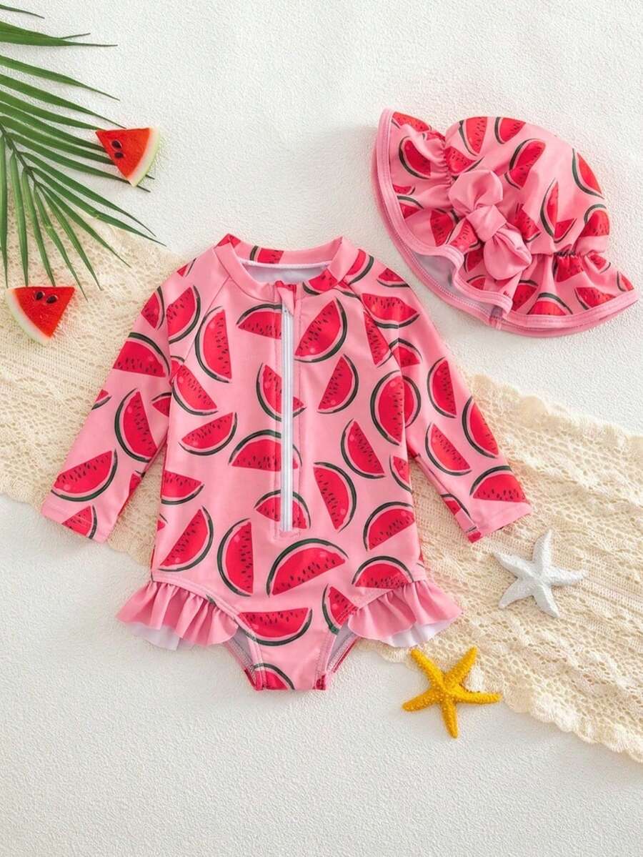 SHEIN Newborn Baby Watermelon Print Raglan Long Sleeve Rash Guard With Hood - Baby Pink - View 1