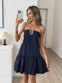 Easowa Square Collar Ruffle Hem A-Line Dress, Casual Loose Elegant Commuter Vintage Style Mini Dress For Women, Spring/Summer City Break Vacation Navy Blue - Navy Blue - View 2