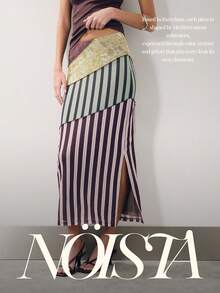 Nöista Patchwork Midi Skirt Features A High-Waisted, H-Line Silhouette With Unique Visual Impact From The Diagonal Design.Comfortable To Wear. - Multicolor - View 8