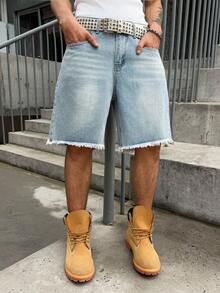 Manfinity EMRG Men's Light Blue Distressed Denim Shorts, Casual Loose Wide Leg Shorts For Summer Holiday - Light Wash - View 5