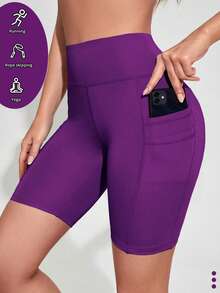 SHEIN Sports 女士夏季简约纯色高腰拼接口袋运动骑行短裤 - Bold Plum - 查看 1