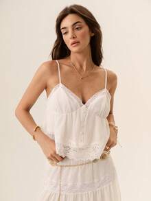 Willow Rêve Women's Lace Patchwork Camisole And Maxi Skirt Set, Bohemian Style Cottage Core Boho, Vacation Style, Romantic Style Picnic Vacation Off White Summer - White - View 5