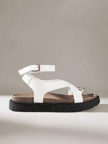 Solecia Conjunto de sandalias de plataforma con hebilla metálica en los dedos, sandalias de plataforma tipo muffin, de moda y versátiles, zapatos de plataforma con correa trasera - Blanco - Ver 3