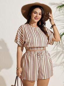 SHEIN LUNE 大码女式条纹圆领上衣和短裤休闲日常穿搭 - 彩色 - 查看 4