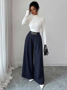 Elenzga New Women's Woven Striped Mid-Waist Side Zipper Decorated Button Design Wide Leg Spring/Autumn Casual Daily Versatile Elegant Pants - Multicolor - View 4