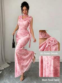 Modelyn 女款綠色無袖飄逸領花卉3D網格印花修身洋裝 - 粉色 - 查看 7