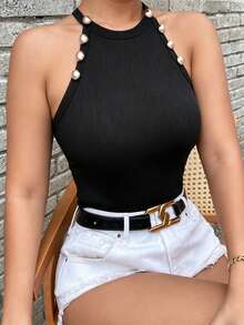SHEIN LUNE كاميسول وتوب بدون أكمام بياقة دائرية أنيق باللون الأسود مقاسات كبيرة للربيع والصيف والخريف - الأسود - مشاهدة 6
