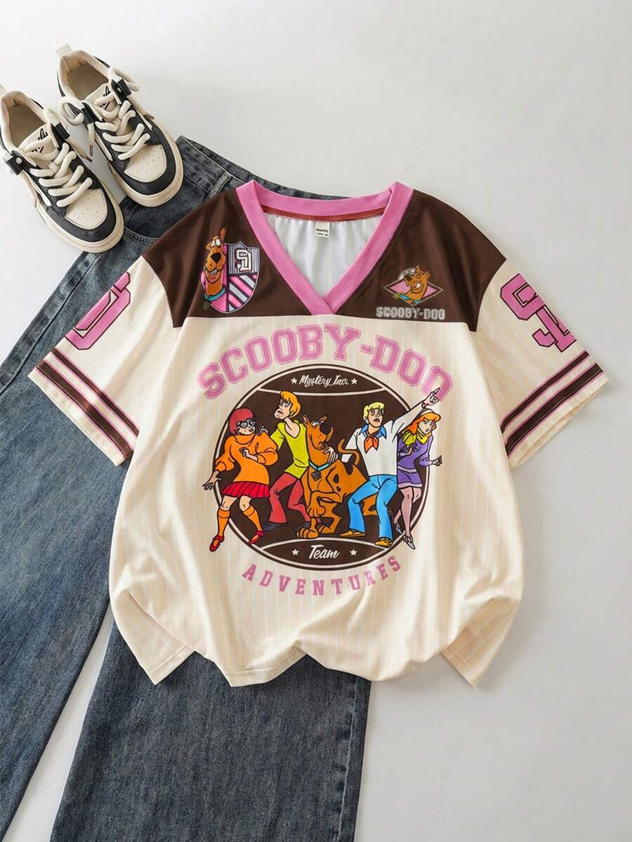 SCOOBY-DOO X SHEIN 大码女式休闲日常通勤时尚街头字母卡通图案V领T恤 - 杏色 - 查看 1