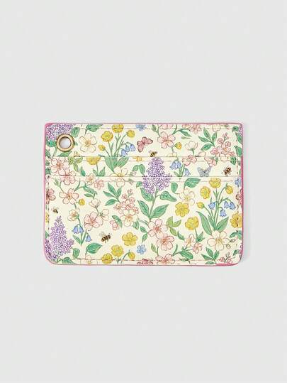 ROMWE Kawaii Túi đựng thẻ nữ họa tiết hoa đồng quê, ví đựng thẻ in hình ong và hoa tươi, túi đựng thẻ ngân hàng/thẻ ID di động.