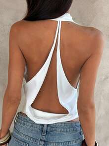 Aloruh Áo croptop trắng trơn hở lưng khoét cổ tròn gợi cảm dành cho nữ, thích hợp cho mùa hè. - trắng - Xem 6