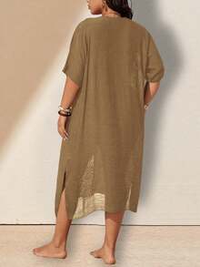 Swim Lushoire Plus Size Women Hand Crocheted Cover-Up - Coffee Brown - View 2
