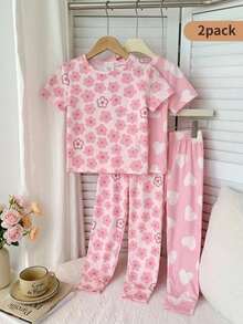 SHEIN 女童针织纯色花卉图案圆领紧身T恤和打底裤两件套家居服 - 彩色 - 查看 4