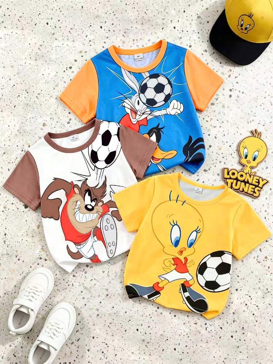 LOONEY TUNES X SHEIN GraphicGems 卡通足球 3 件組短袖 T 恤套裝,適用於小男孩 - 彩色 - 查看 1