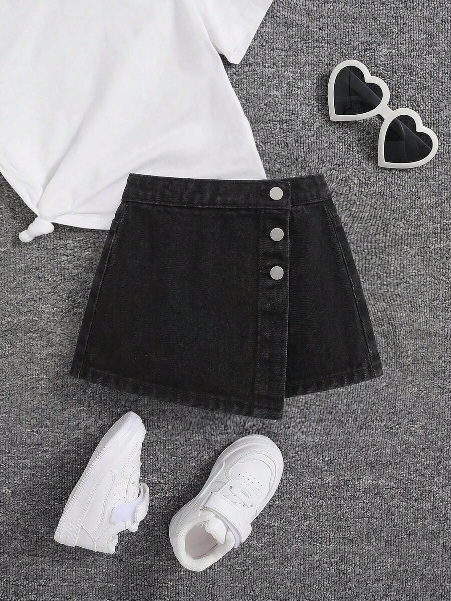 SHEIN Young Girl Casual Versatile Button Asymmetrical Hem Denim Skirt Shorts - Black - View 1
