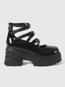 ROMWE Kawaii Giày sandal cao gót nữ, gót thấp, đế dày, kiểu Mary Jane, giày cao gót siêu cao 10cm bằng da, giày đơn chống thấm nước, giày bốt mùa đông. - màu đen - Xem 2