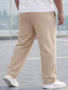 Manfinity Homme 男士加大码纯色抽绳腰带口袋休闲日常裤 - 米色 - 查看 2