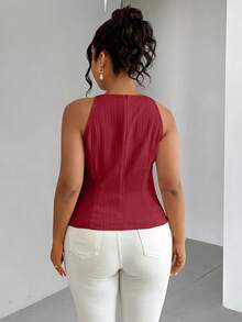 Elenzga Plus Size Women Solid Color Lace-Up Casual Versatile Daily Wear Top - Red - View 2