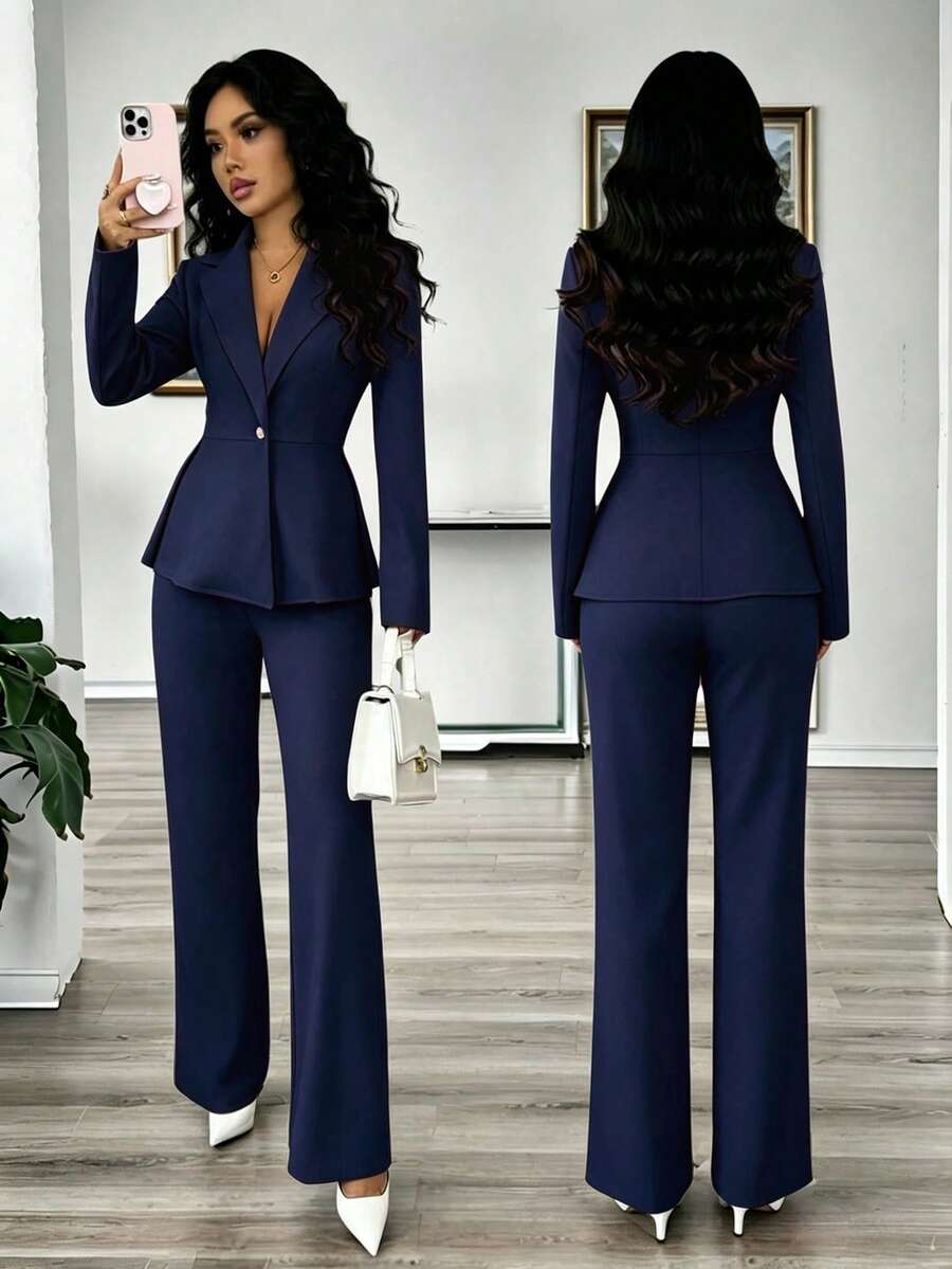 SHEIN Elenzya 女士长袖荷叶边西装外套和直筒裤优雅浪漫商务套装 - 藏蓝色 - 查看 1