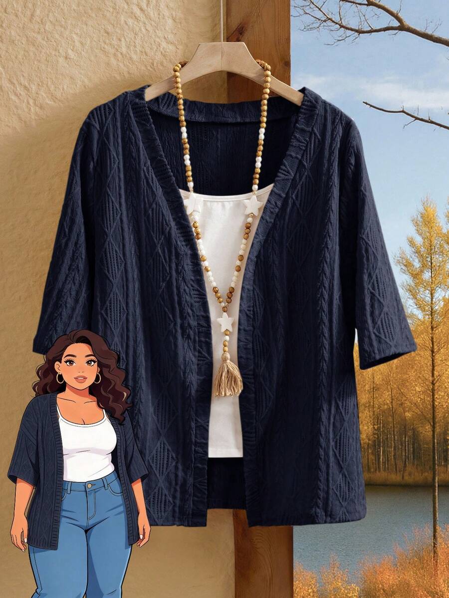Rusticease Plus Size Women Solid Color Casual Versatile Daily Wear Cardigan - Navy Blue - View 1