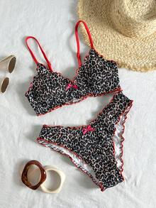 Swim Mod 女款夏季海灘豹紋印花蝴蝶結裝飾細肩帶性感比基尼與三角泳褲泳衣套裝 - 彩色 - 查看 4