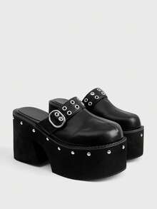 Sugerpunk Giày sandal cao gót nữ 2026 đế dày, kiểu dép xỏ ngón nữ ~ Giày cao gót đế dày đính đinh tán kiểu mới mùa xuân thu ~ Giày cao gót siêu cao 11cm dành cho nữ - màu đen - Xem 2