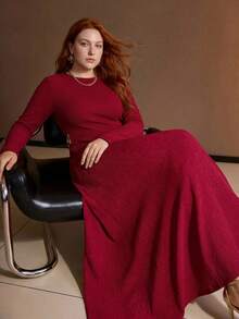 MOTF PREMIUM PLUS SIZE WOMEN'S SPRING/SUMMER ELASTIC KNIT JACQUARD LOW WAIST A-LINE LONG DRESS FALL - Red - View 1