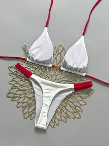 Swim Vcay 女士两件套贝壳装饰系带露背比基尼套装，撞色设计，海滩度假 - 白色 - 查看 2