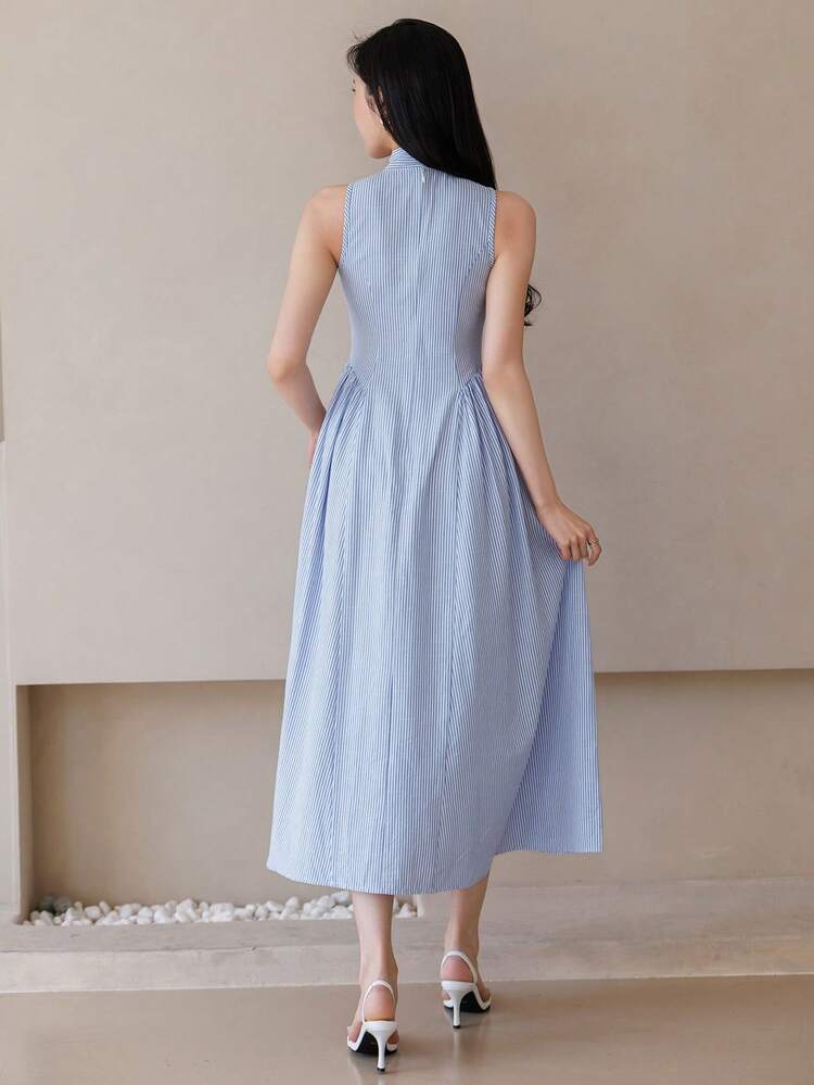Women's Elegant Commuter Striped Collar Tie Sleeveless Mid-Length Dress, Summer