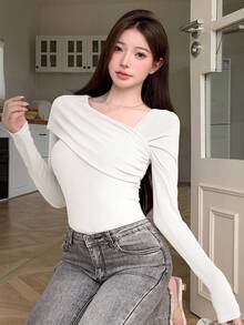 DAZY Women T-Shirts,Fall Clothes Long Sleeve Women Tops - White - View 5