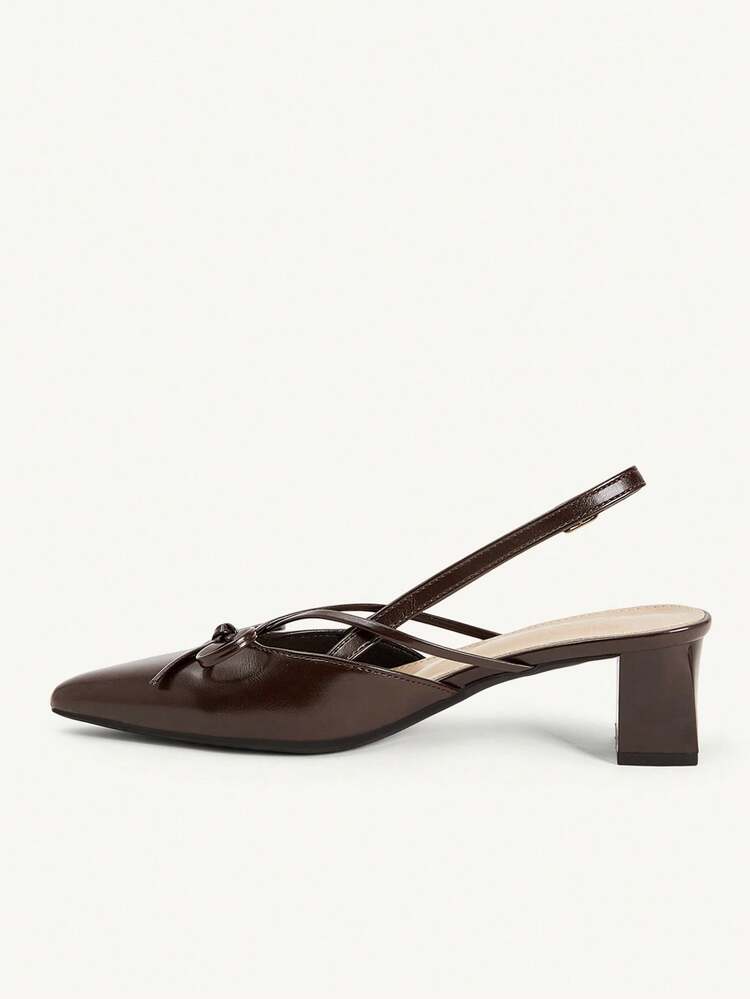 CUCCOO CHICEST Dark Brown Pointed Bow Slingback Thick Heel Sandals, Workplace Commuting Temperament Shoes