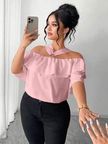 Elenzga Elegant Off-Shoulder Metal Decor Ruffle Trim Off-Shoulder Plus Size Blouse - Pink - View 4