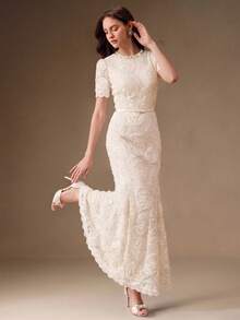 Anewsta Đầm nữ mới về, kiểu dáng ôm sát, chất liệu ren hoa, viền ren, đính ngọc trai, cổ tròn, tay ngắn, dáng đuôi cá, có thắt lưng, thanh lịch, thích hợp cho tiệc tùng, đám cưới, nghỉ lễ mùa hè. - Màu be - Xem 1