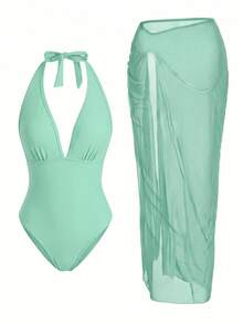 Swim Oasis Sunner Vacation Elegant Romantic Starfish Decor One-Piece Swimsuit High-End Set - Lime Green - View 2